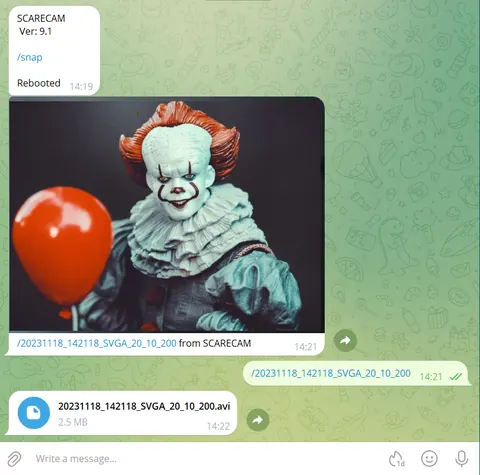 Telegram bot alert delivering a captured still image when motion is detected