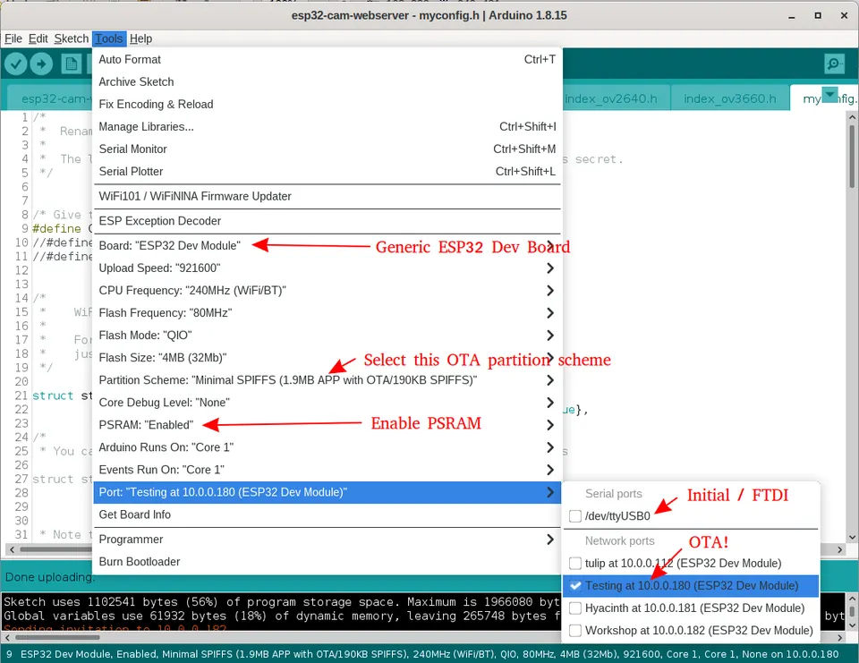 Arduino IDE board configuration: select ESP32 Dev Module, enable PSRAM, and choose the Minimal SPIFFS partition scheme.