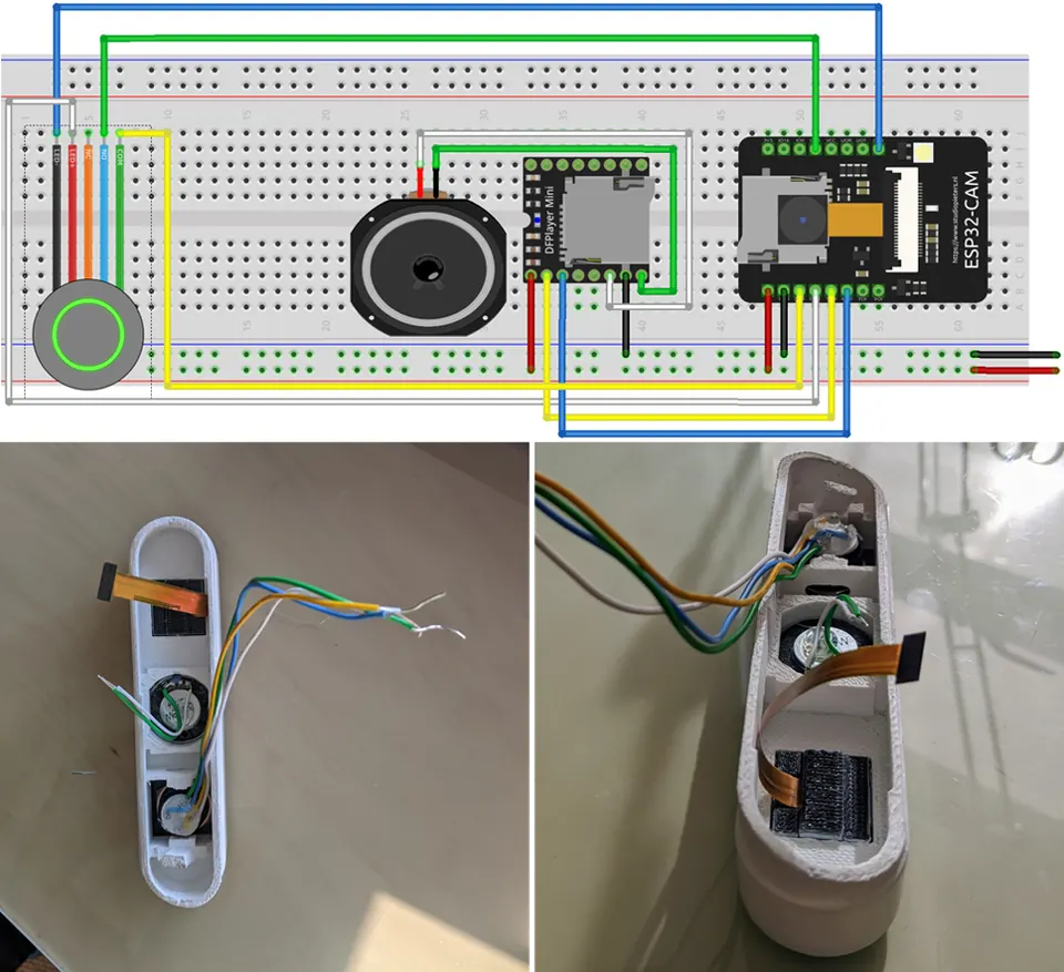 Internal electrical assembly showing the ESP32-CAM, DFPlayer Mini, speaker, and button wiring packed into the housing.