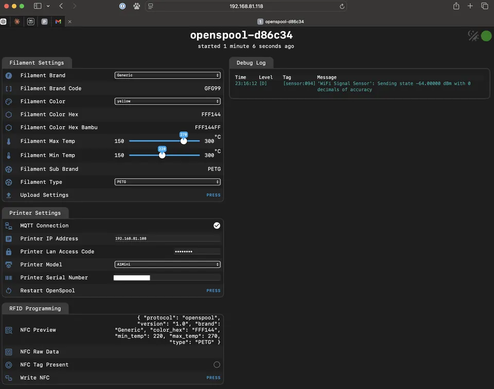 OpenSpool web interface confirming a live MQTT connection to the Bambu printer