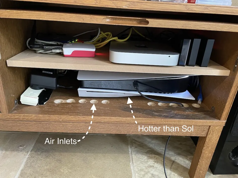 Interior view of the media cabinet with the cooling fans installed
