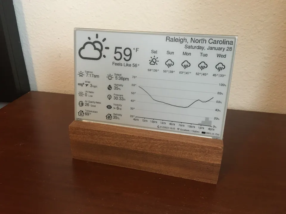 Finished weather display in a custom wooden stand showing current conditions and hourly outlook.