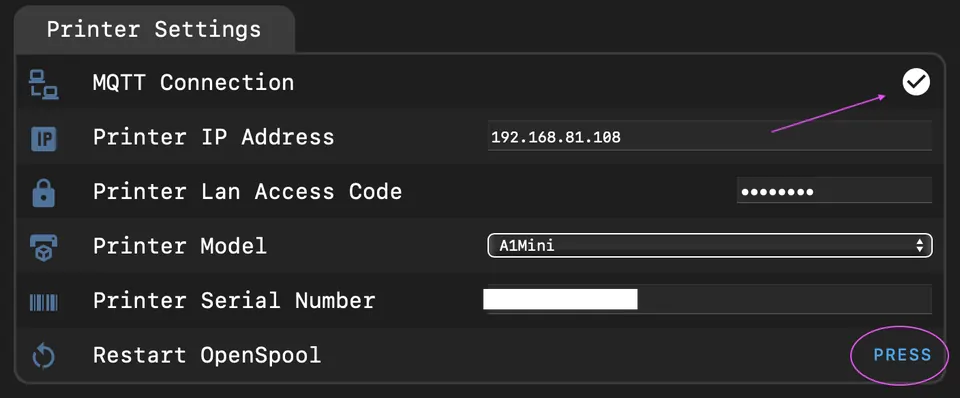 Printer settings page in the OpenSpool web interface — enter IP address, serial number, and LAN Access Code here
