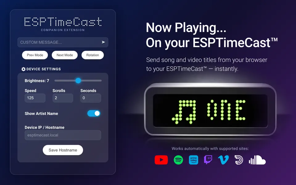 The ESPTimeCast Companion browser extension lets you send messages, control brightness, and scroll now-playing titles from a popup.